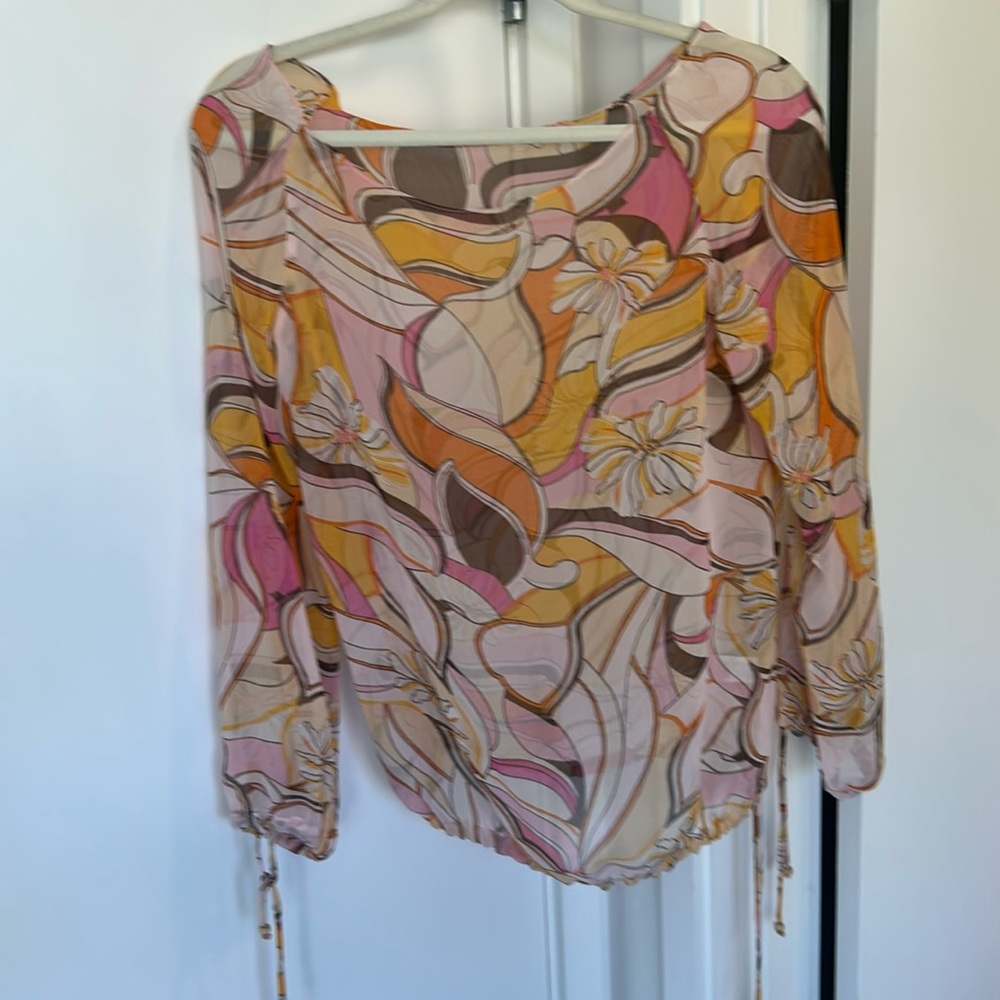 Michelle Jonas Paris Print long sleeve sheer blouse size Small
